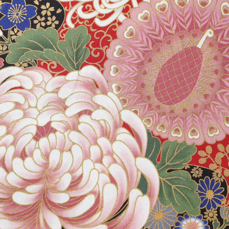 和風柄 開花シリーズ 1750-60 シーチング生地に花柄や彩り豊かな菊や扇模様が描かれております / Japanese pattern  flowering series 1750-60 Flower patterns and colorful chrysanthemum and fan  
