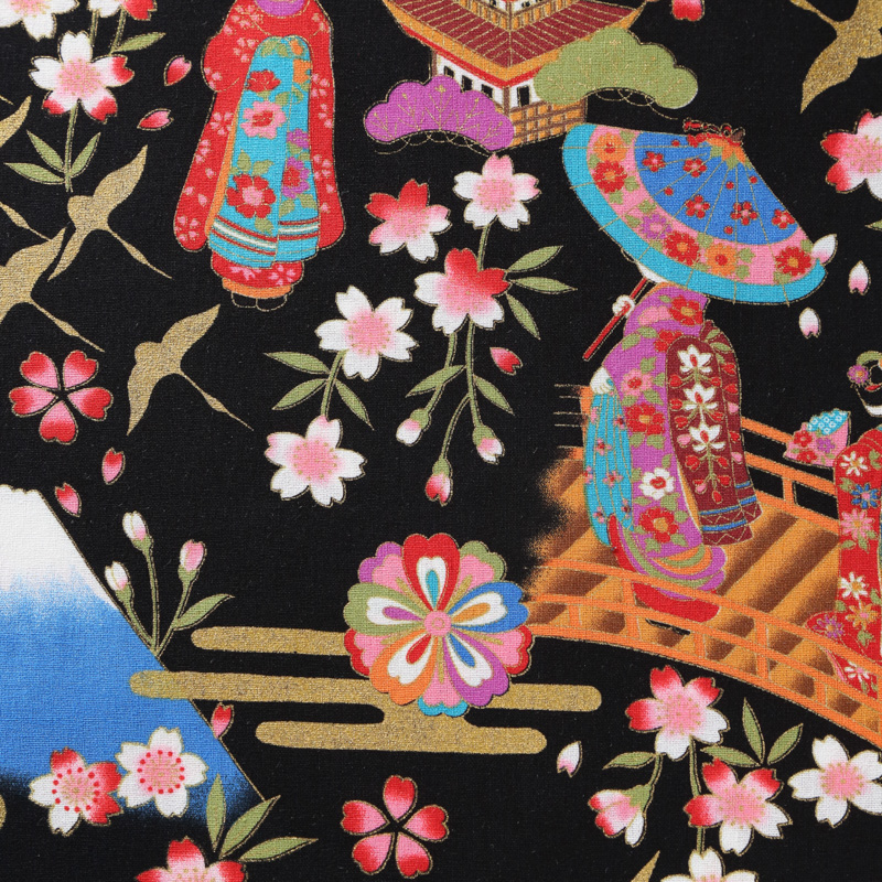 和風柄 開花シリーズ 1750-53 シーチング生地に花柄や彩り豊かな菊や扇模様が描かれております / Japanese pattern  flowering series 1750-53 Flower patterns and colorful chrysanthemum and fan  
