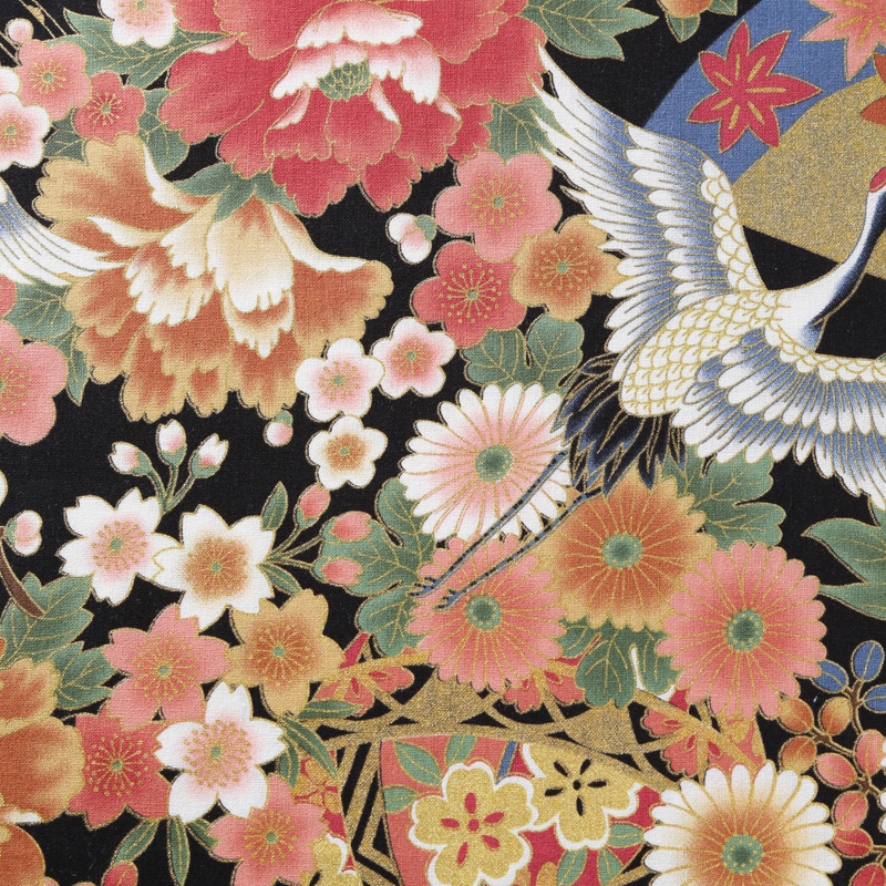 和風柄 開花シリーズ 1750-21 シーチング生地に花柄や彩り豊かな菊や扇模様が描かれております / Japanese pattern  flowering series 1750-21 Flower patterns and colorful chrysanthemum and fan  