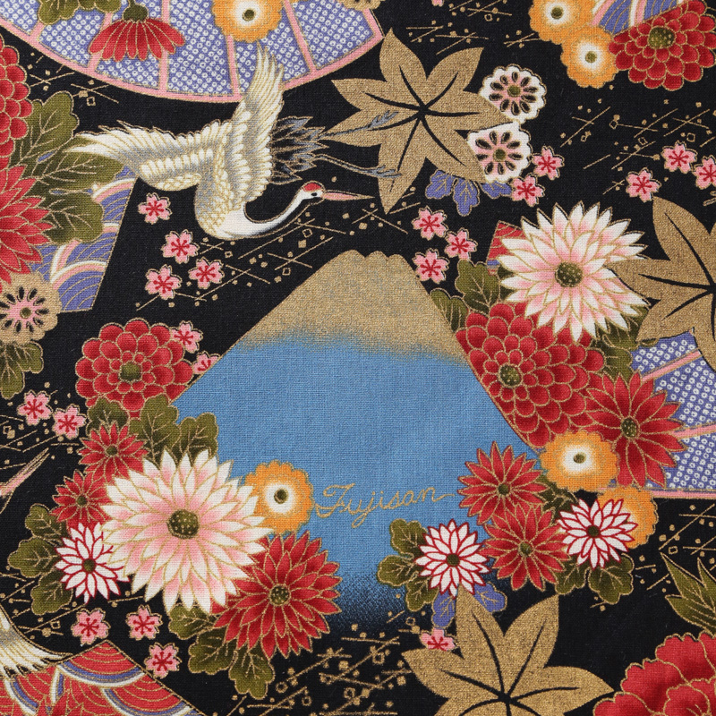 和風柄 開花シリーズ 1750-32 シーチング生地に花柄や彩り豊かな菊や扇模様が描かれております / Japanese pattern  flowering series 1750-32 Flower patterns and colorful chrysanthemum and fan  