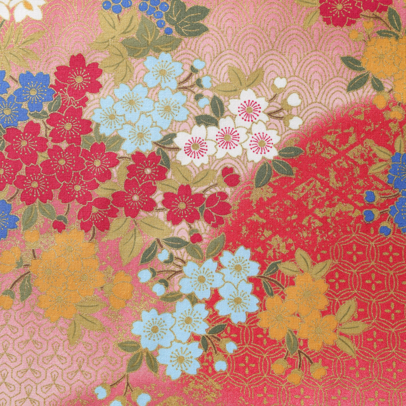 和風柄 開花シリーズ 1750-40 シーチング生地に花柄や彩り豊かな菊や扇模様が描かれております / Japanese pattern  flowering series 1750-40 Flower patterns and colorful chrysanthemum and fan  