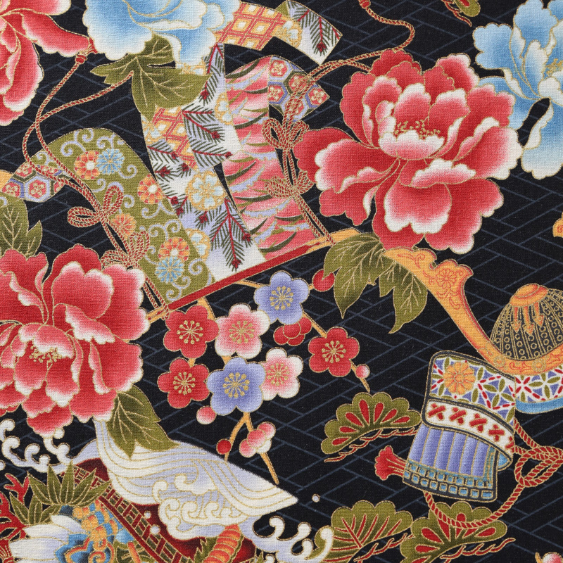 和風柄 開花シリーズ 1750-71 シーチング生地に花柄や彩り豊かな菊や扇模様が描かれております / Japanese pattern  flowering series 1750-71 Flower patterns and colorful chrysanthemum and fan  