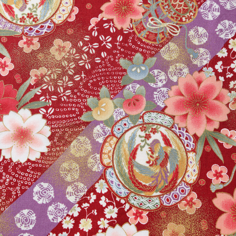 和風柄 開花シリーズ 1750-76 シーチング生地に花柄や彩り豊かな菊や扇模様が描かれております / Japanese Pattern  Flowering Series 1750-76 Flower patterns and colorful chrysanthemum and fan  