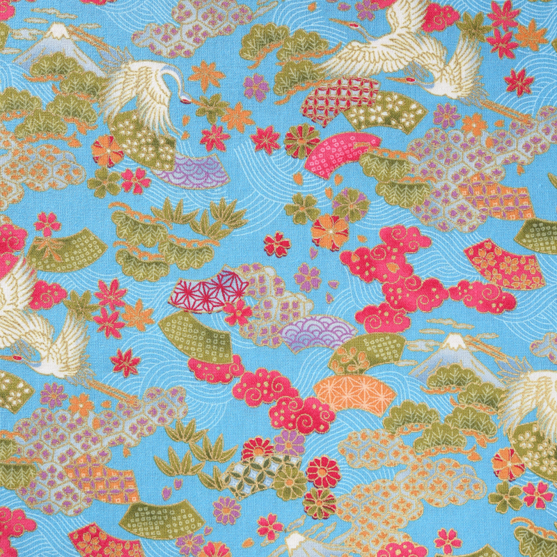 和風柄 民芸シリーズ 2000-76 シーチング生地に花柄や彩り豊かな鶴や富士山が描かれております / Japanese pattern folk  art series 2000-76 Flower patterns and colorful cranes and Mt. Fuji are 
