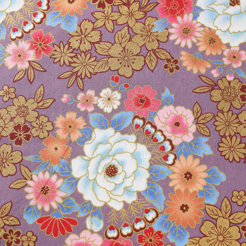 和風柄 開花シリーズ 1750-47 シーチング生地に花柄や彩り豊かな菊や扇模様が描かれております / Japanese pattern  flowering series 1750-47 Flower patterns and colorful chrysanthemum and fan  