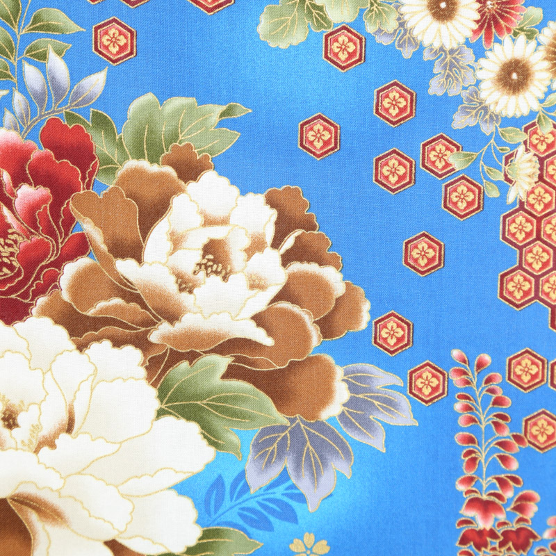 和風柄 開花シリーズ 1750-83 シーチング生地に花柄や亀甲花菱紋が描かれております /Japanese Pattern Kaibana  Series 1750-83 Sheeting fabric with floral patterns and tortoiseshell and  water 