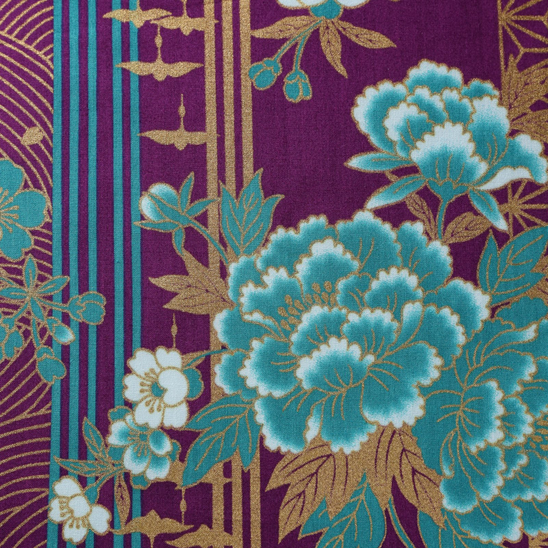 和風柄 開花シリーズ 1600-106 シーチング生地に花柄や牡丹・鶴が描かれております /Japanese Pattern Kaibana  Series 1600-106 Sheeting fabric with floral patterns, peonies and cranes